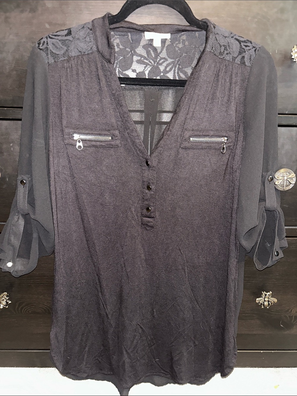 Takara Black Lace-Yoke Roll Sleeve Tunic with Zip Pockets